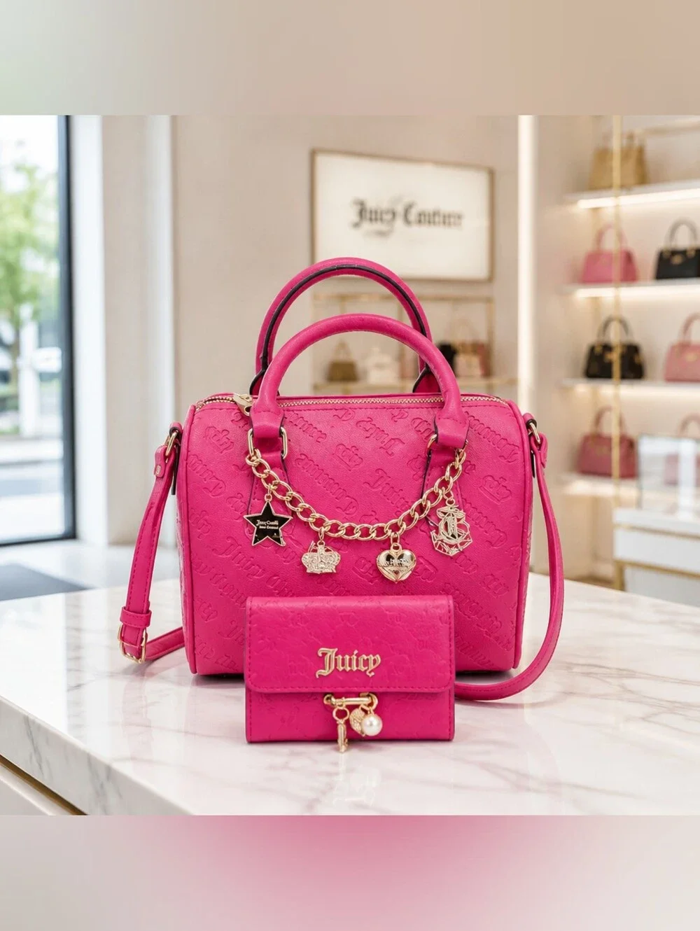 Juicy Couture Hot Pink Satchel Bag & Wallet Set with Charm Chain